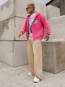 Artur Kramer 男士休闲水洗拉链连帽衫，春秋季 - 玫瑰紅 - 查看 4