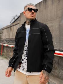 Artur Kramer 男士休闲时尚百搭长袖短款夹克，Techwear Y2k 短款拉链跑道风衣夹克，秋季，垃圾摇滚 - 黑色 - 查看 1