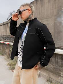 Artur Kramer 男士休闲时尚百搭长袖短款夹克，Techwear Y2k 短款拉链跑道风衣夹克，秋季，垃圾摇滚 - 黑色 - 查看 5
