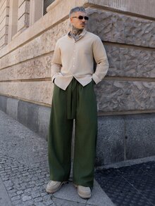 Artur Kramer 歐美男士亞麻立領長袖休閒鈕扣襯衫，可捲袖，波希米亞風海灘上衣 - 卡其色 - 查看 4