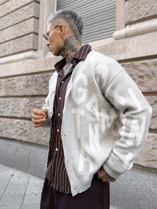 Artur Kramer Men's Letter Print Front Buttoned Casual Long Sleeve Knit Cardigan, For Fall Winter - Light Grey - View 3