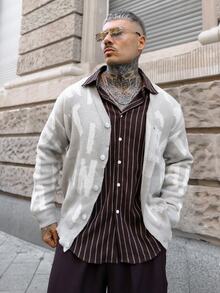 Artur Kramer Men's Letter Print Front Buttoned Casual Long Sleeve Knit Cardigan, For Fall Winter - Light Grey - View 1
