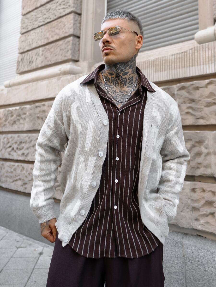 Artur Kramer Men's Letter Print Front Buttoned Casual Long Sleeve Knit Cardigan, For Fall Winter - Light Grey - View 1