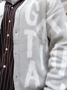 Artur Kramer Men's Letter Print Front Buttoned Casual Long Sleeve Knit Cardigan, For Fall Winter - Light Grey - View 4