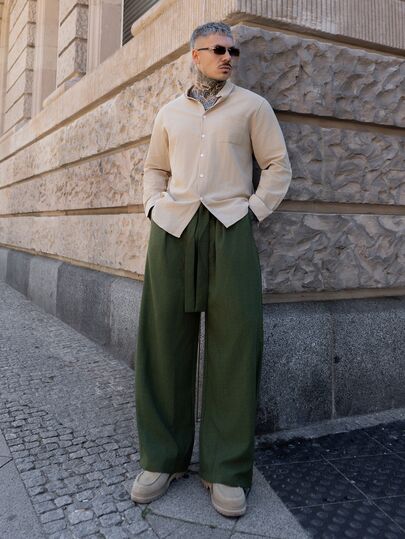 Artur Kramer Men's Casual Vacation Olive Green Autumn Pants,Woven Fashion Loose Solid Color Elastic Waistband Belt Straight Leg Curved Pants For Party Gift