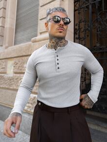 Artur Kramer Men's Crew Neck Ribbed Half-Button Casual Everyday Commute Long Sleeve T-Shirt - Light Grey - View 1
