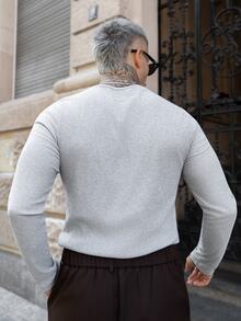 Artur Kramer Men's Crew Neck Ribbed Half-Button Casual Everyday Commute Long Sleeve T-Shirt - Light Grey - View 2