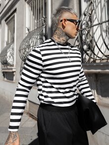 Artur Kramer Men Round Neck Color Block Striped Long Sleeve Tee, Fashion, Boyfriend Gift, For Going Out, Summer, For Fall, Couple Things - Black and White - View 5