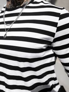 Artur Kramer Men Round Neck Color Block Striped Long Sleeve Tee, Fashion, Boyfriend Gift, For Going Out, Summer, For Fall, Couple Things - Black and White - View 6