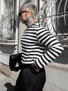 Artur Kramer Men Round Neck Color Block Striped Long Sleeve Tee, Fashion, Boyfriend Gift, For Going Out, Summer, For Fall, Couple Things - Black and White - View 4