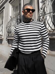 Artur Kramer Men Round Neck Color Block Striped Long Sleeve Tee, Fashion, Boyfriend Gift, For Going Out, Summer, For Fall, Couple Things - Black and White - View 3