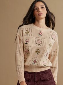 WESTFADE 拼接花卉刺繡套頭針織毛衣，秋季、冬季、鄉村風、牛仔女郎、可愛、西部風、感恩節穿搭、休閒、開學季、波希米亞風 - 彩色 - 查看 2