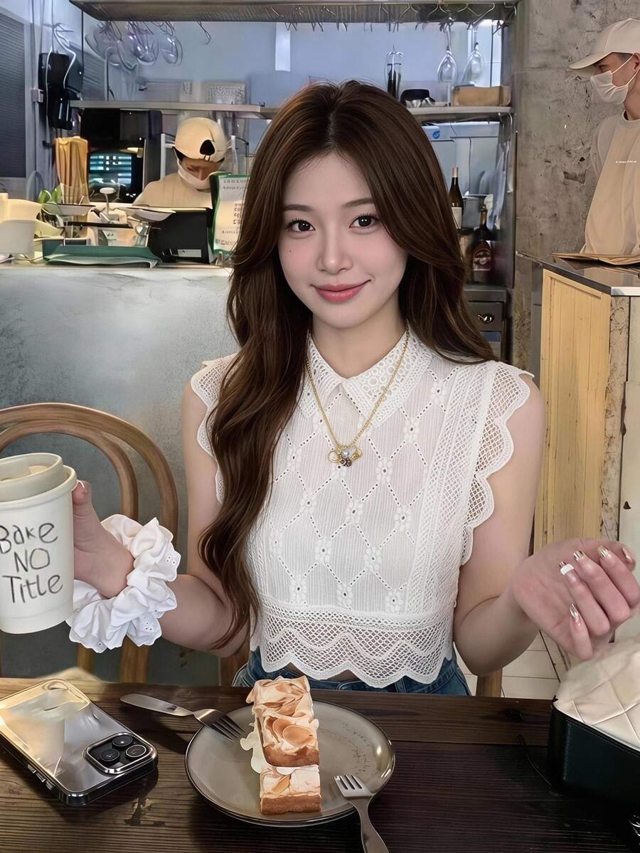 Serisse 女士纯色无袖蕾丝休闲衬衫,适合假期穿着 - 杏色 - 查看 1