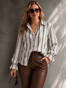 Ceyna Plus Size Summer New 100 Cotton Fabric White Pattern Long Sleeve Casual Smart Daily Vacation Women's Shirt Office Confirmation - Apricot - View 3