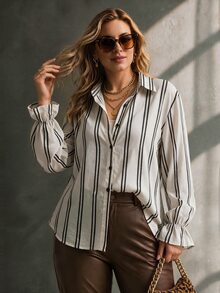 Ceyna Plus Size Summer New 100 Cotton Fabric White Pattern Long Sleeve Casual Smart Daily Vacation Women's Shirt Office Confirmation - Apricot - View 4