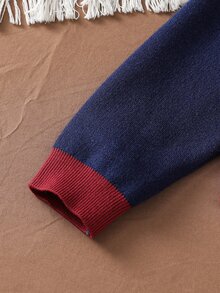 青少年女孩 2件組提花對比色繫帶毛衣褲套裝 校外正式返校穿搭 可愛學院風 冬季聖誕 秋冬款 - 藏蓝色 - 查看 8