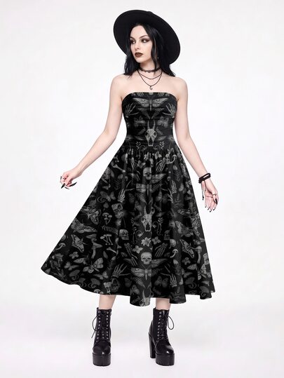 ROMWE Goth Mori Style Dark Skull Moon Sun Star Dark Sexy Bandeau Women's Extra Long Dress