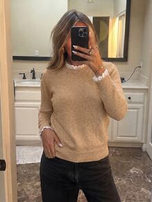 Sprig & Strand Spring/Summer Casual Comfortable Elegant Women's Knitted Pullover Sweater, Solid Color Long Sleeve Small Round Neck Lace Patchwork, Office Commute Outfit - Khaki - View 5