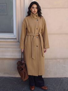 Yunfilé Women's Knee-Length Tie-Waist Overcoat, Stand Collar, Asymmetrical Button Front, Dropped Shoulder, Long Sleeve, Elegant Camel, Fall Office - Mocha Brown - View 3