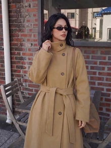 Yunfilé Women's Knee-Length Tie-Waist Overcoat, Stand Collar, Asymmetrical Button Front, Dropped Shoulder, Long Sleeve, Elegant Camel, Fall Office - Mocha Brown - View 5