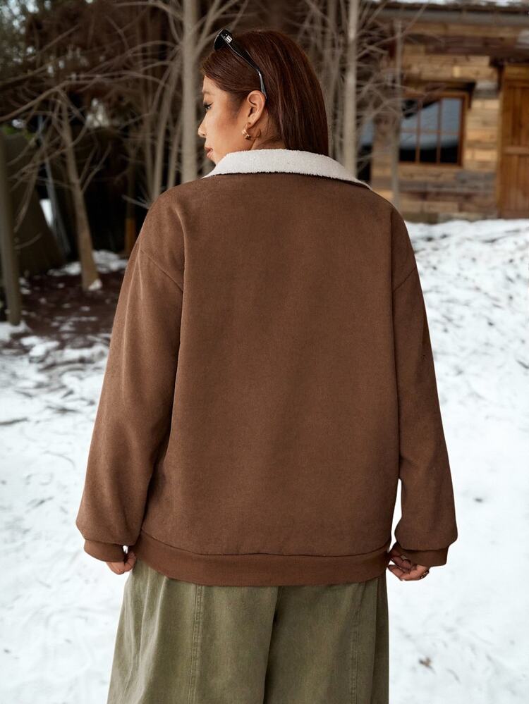 Muchica Plus-Size Brown Color-Block Corduroy Sweatshirt With Half-Zip And Fleece Lining (Preppy Casual Elegant Style) Fall Thanksgiving Vacation Formal Party - Brown - View 2