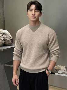 DAZY Spring/Autumn Khaki Marled Semi-High Round Neck Long Sleeve Cuffed Hem Men's Sweater Winter - Khaki - View 1