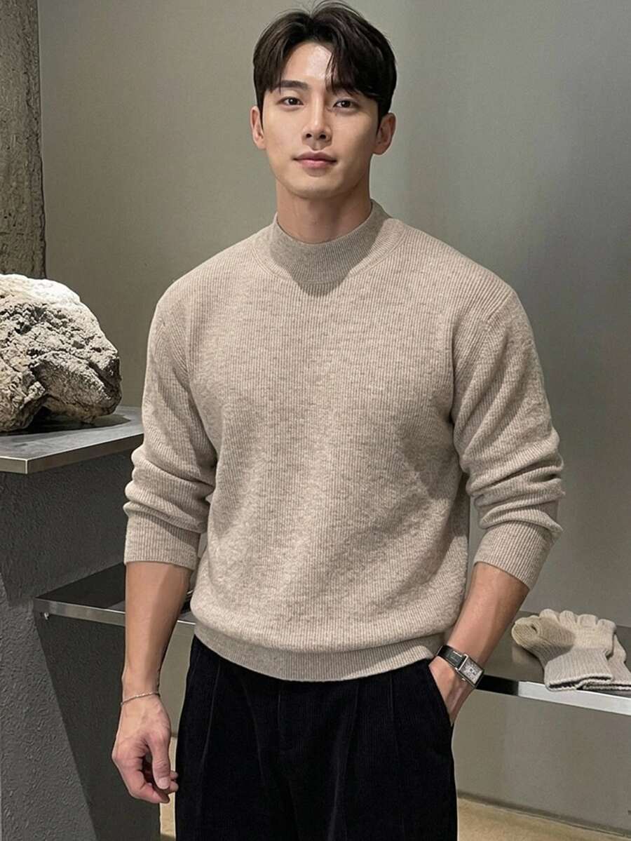 DAZY Spring/Autumn Khaki Marled Semi-High Round Neck Long Sleeve Cuffed Hem Men's Sweater Winter - Khaki - View 1