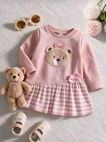 Souflis Souflis Baby Girls Sweatshirt Dress Cute Princess Pink Fuzzy Bear Applique Bowknot Striped Ruffle Hem Long Sleeve Birthday Party Fall Winter Holiday - Baby Pink - View 1