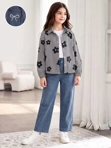 SHEIN Girls' White Long Sleeve Shirt Loose Jeans 2 Pieces Set, Fall Outfits, Sweet Cute Preppy Casual Outfit For Spring And Autumn School Off Campus - Multicolor - View 2