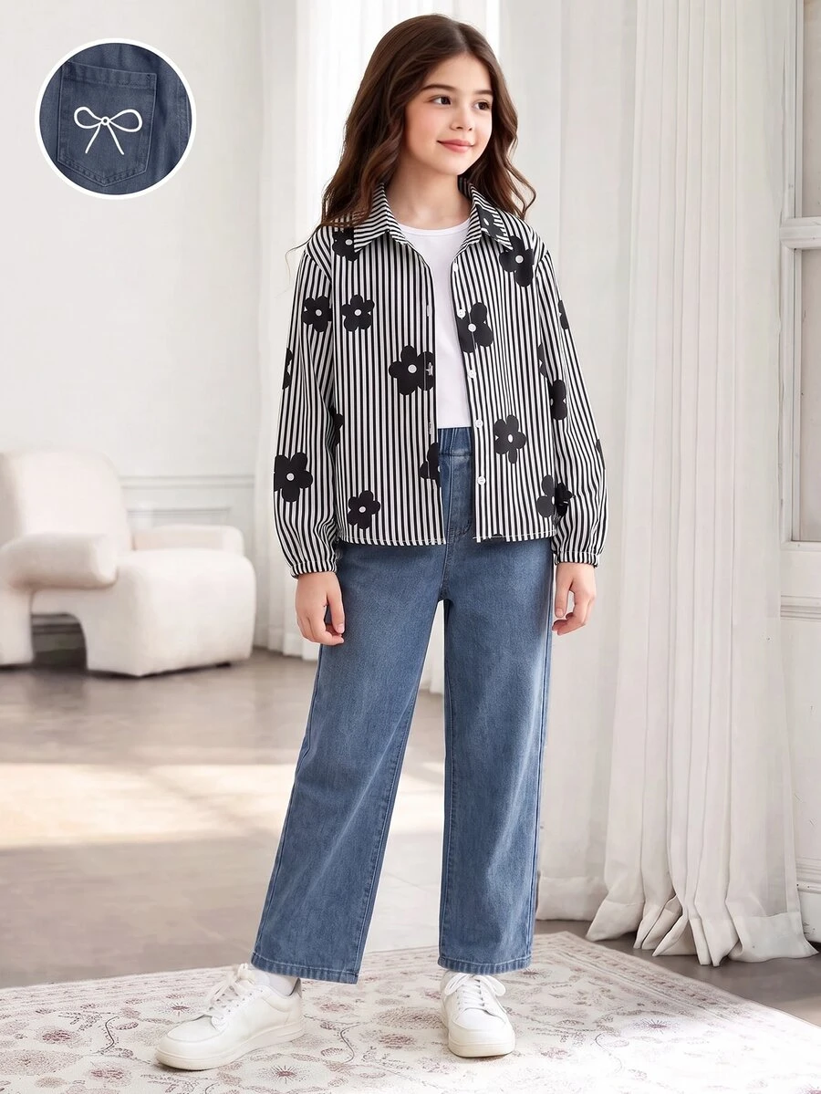 SHEIN Girls' White Long Sleeve Shirt Loose Jeans 2 Pieces Set, Fall Outfits, Sweet Cute Preppy Casual Outfit For Spring And Autumn School Off Campus