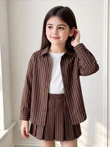 SHEIN Tween女孩服飾 長袖條紋襯衫 棕色格紋 秋季可愛校園返校風 - 咖啡棕 - 查看 3