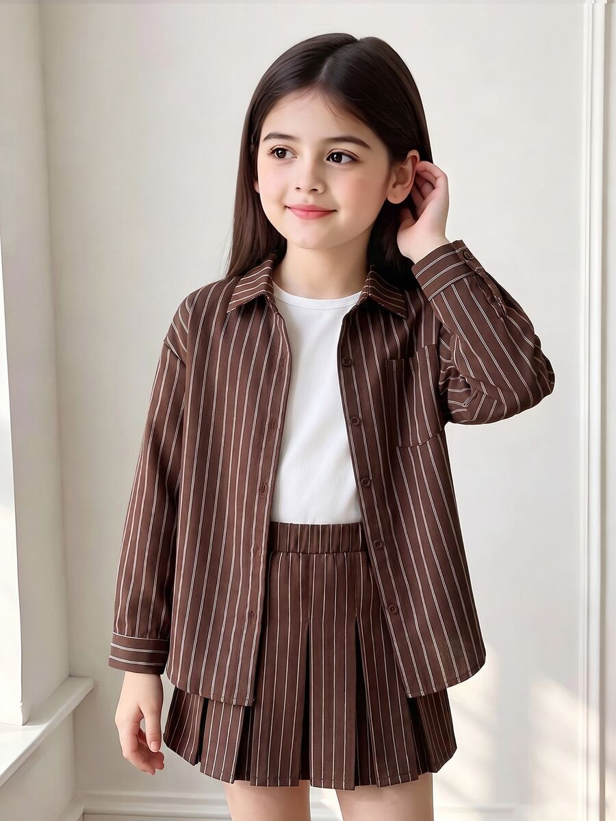 SHEIN Tween Girls Clothes ' Long-Sleeved Striped Shirt,Brown Checked,Autumn, Cute, School, Back To School