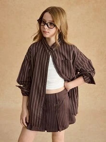 SHEIN Tween女孩服飾 長袖條紋襯衫 棕色格紋 秋季可愛校園返校風 - 咖啡棕 - 查看 6