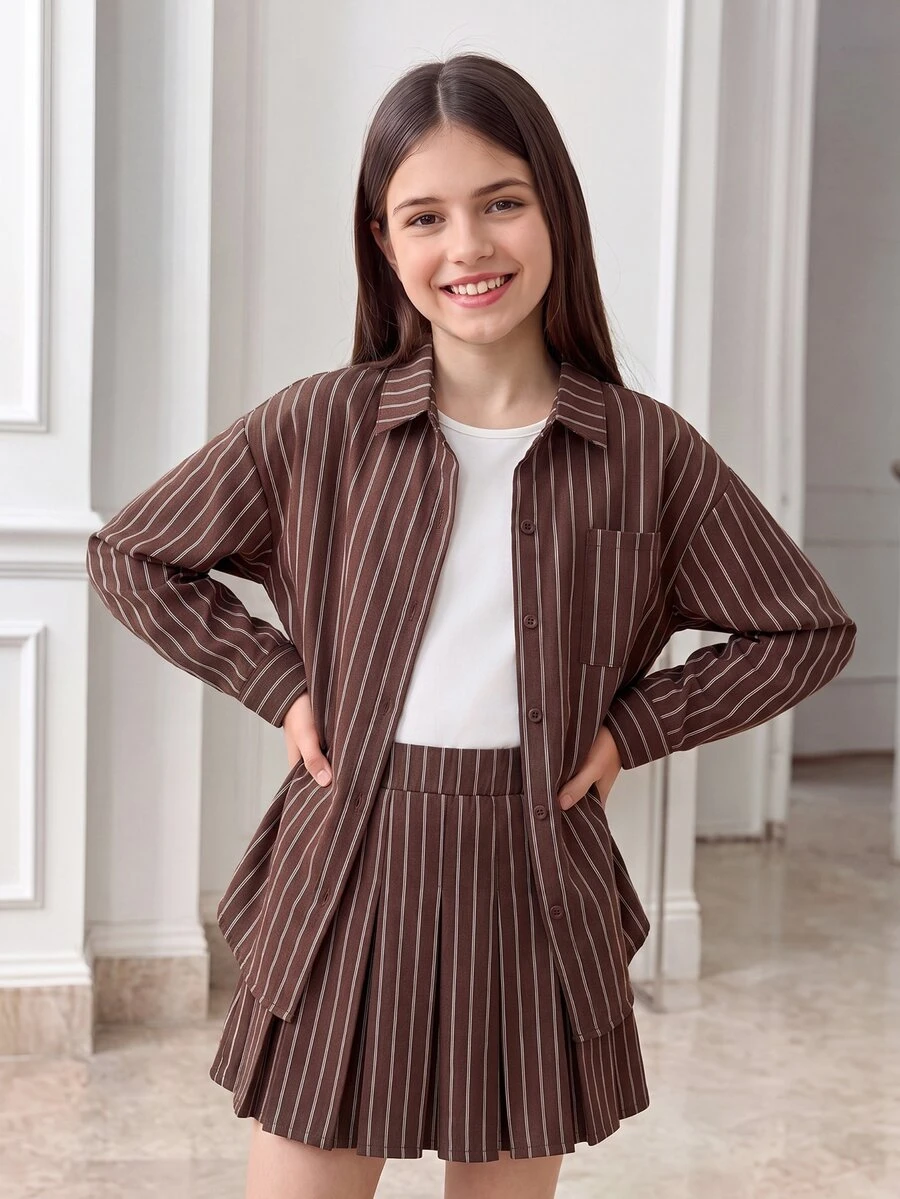 SHEIN Tween女孩服飾 長袖條紋襯衫 棕色格紋 秋季可愛校園返校風