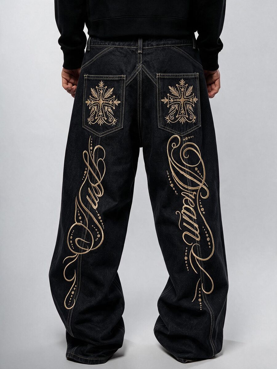 ROMWE MEN Men's Embroidered Pattern Loose Fit Jeans - Black - View 1