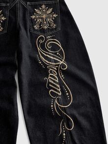 ROMWE MEN Men's Embroidered Pattern Loose Fit Jeans - Black - View 5