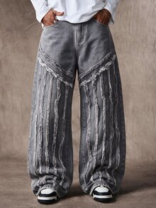 ROMWE MEN Grunge Punk Men's Distressed Raw Hem Denim Jeans - Multicolor - View 1