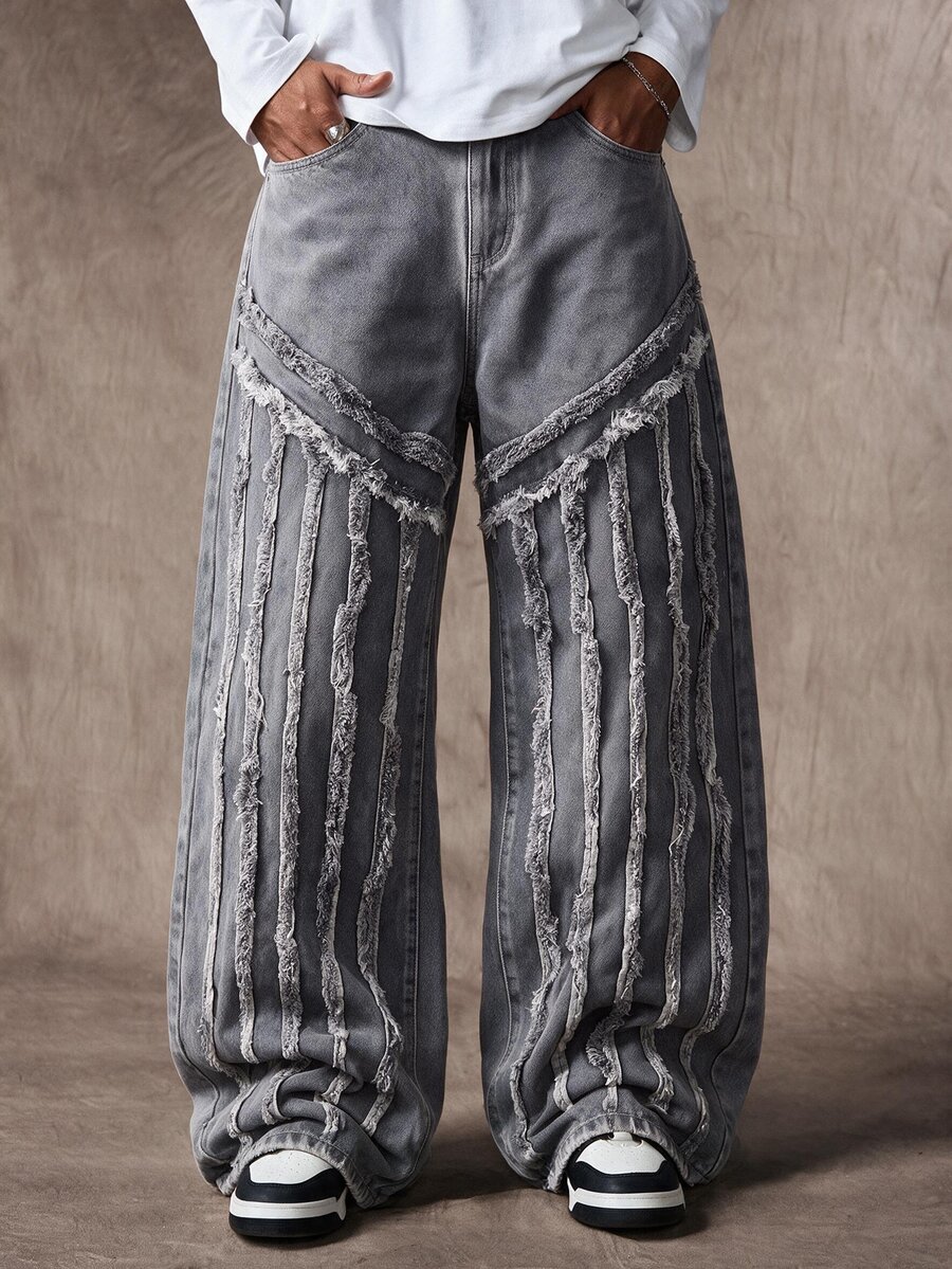 ROMWE MEN Grunge Punk Men's Distressed Raw Hem Denim Jeans - Multicolor - View 1