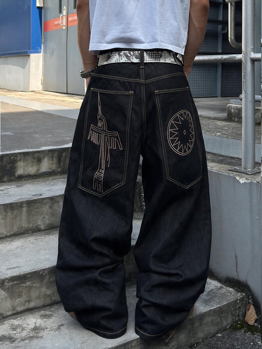 ROMWE MEN Street Life 男士刺繡圖案寬鬆牛仔褲 - 深色水洗藍 - 查看 1