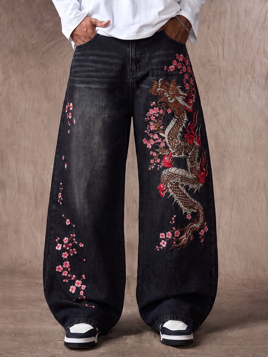 ROMWE MEN Men's Cherry Blossom Dragon Embroidery Jeans - Vintage Washed Loose Hip Hop Streetwear Pants - Black - View 1