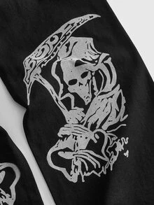 ROMWE MEN Street Life Men's Skull Pattern Wide Leg Loose Casual Denim Jeans - Black - View 5