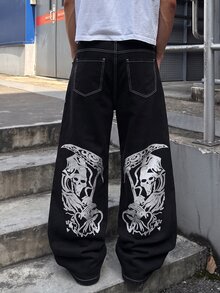 ROMWE MEN Street Life Men's Skull Pattern Wide Leg Loose Casual Denim Jeans - Black - View 1