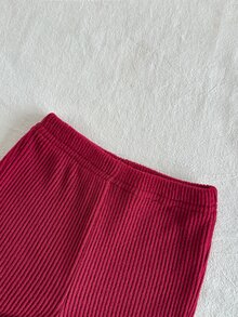 SHEIN 2件組幼女羅紋上衣喇叭褲套裝，可愛甜美紅白色大蝴蝶結毛絨飾邊長袖小立領，休閒派對春季節慶假日精品款 - 酒紅色 - 查看 4