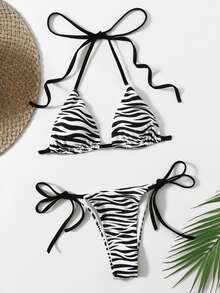 SHEIN Swim 2pcs/Set 2025 Women Zebra Print Halter Tie Sexy Bikini Set, Random Print Summer - Black and White - View 1
