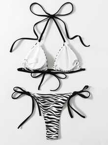 SHEIN Swim 2pcs/Set 2025 Women Zebra Print Halter Tie Sexy Bikini Set, Random Print Summer - Black and White - View 2