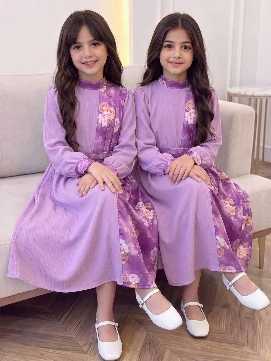 SHEIN Tween Girls Long Dress With Lavender Purple Base, Contrasting Purple & White Floral Print With Traditional Middle Eastern Motifs