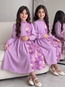 SHEIN Tween Girls Long Dress With Lavender Purple Base, Contrasting Purple & White Floral Print With Traditional Middle Eastern Motifs - Multicolor - View 3