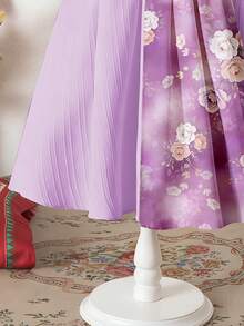 SHEIN Tween Girls Long Dress With Lavender Purple Base, Contrasting Purple & White Floral Print With Traditional Middle Eastern Motifs - Multicolor - View 8