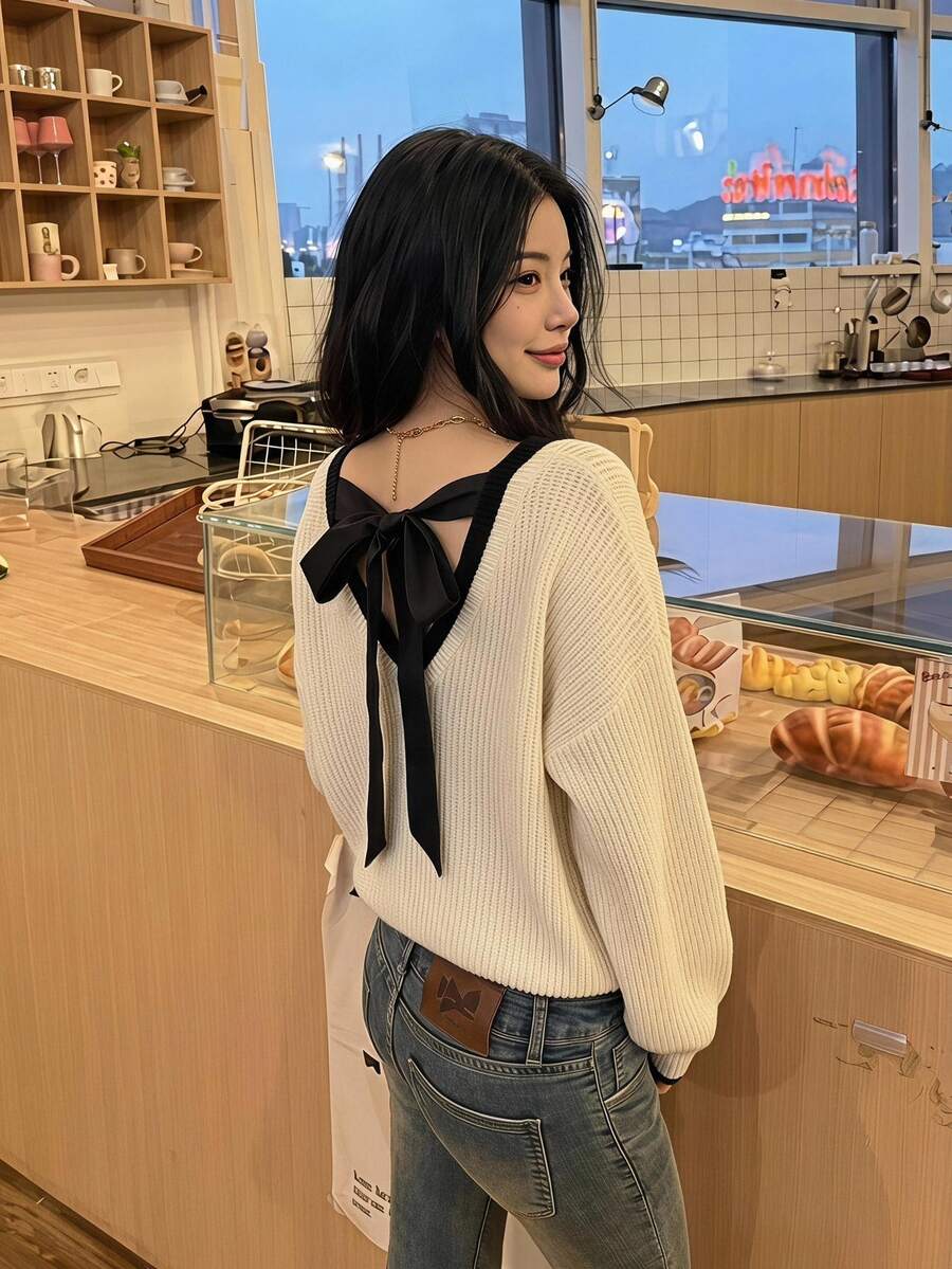 Serisse Women's Casual Loose Knit Sweater With Backless Tie Design, Long Sleeve Sweater, Suitable For Autumn/Winter,Cozy Fall And Winter Spring - Apricot - View 1
