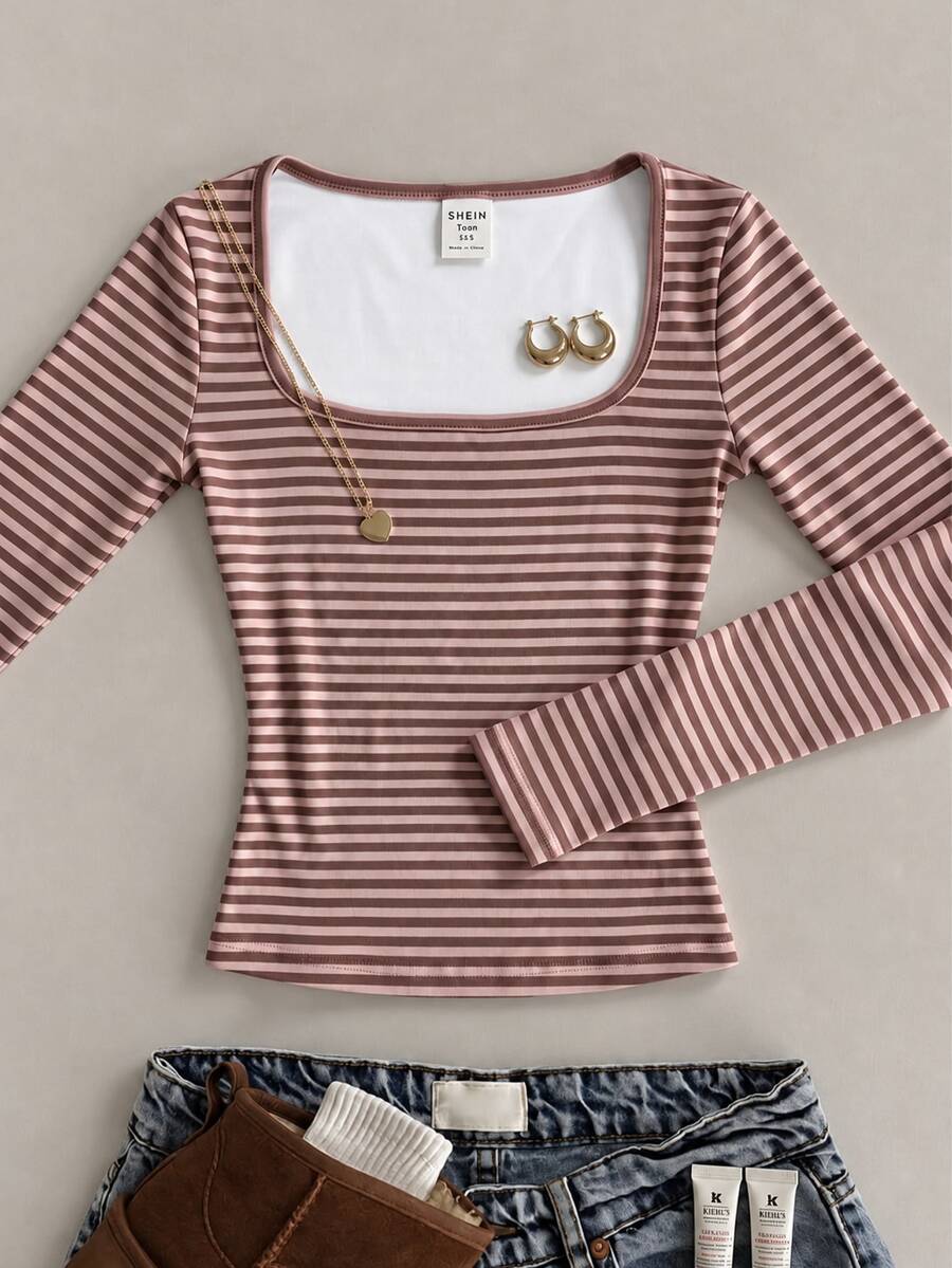 Tween Girls Autumn New Kids Knit White Square Neck Casual Slim Fit Long Sleeve T-Shirt - Multicolor - View 1